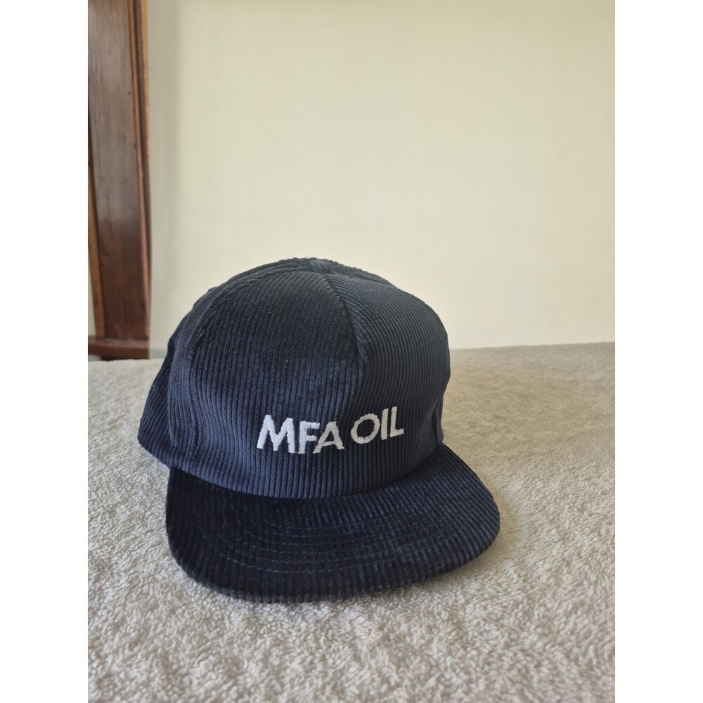 Vintage MFA Oil Corduroy Snapback Hat Navy Blue Union MO USA TRUCKER